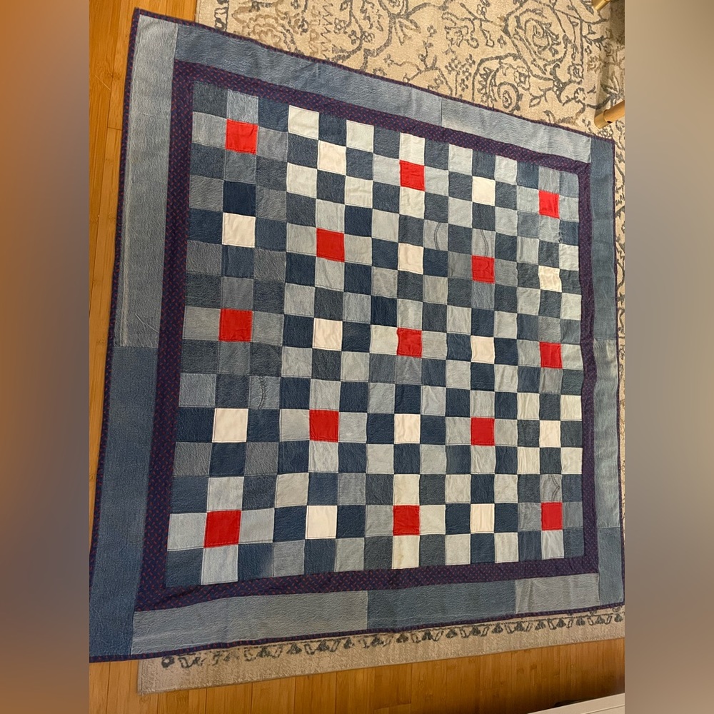 Handmade up-cycled denim jeans & cotton quilt  throw blanket 55” square